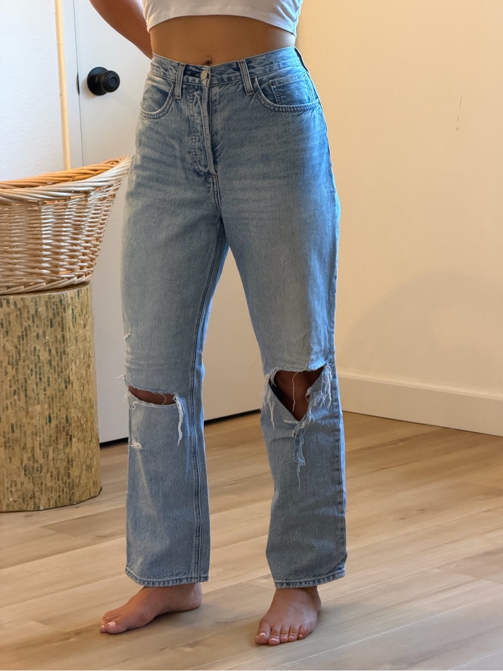 Denim Forum The Joni High Rise Loose Jeans Light Wash Distressed Size 26
